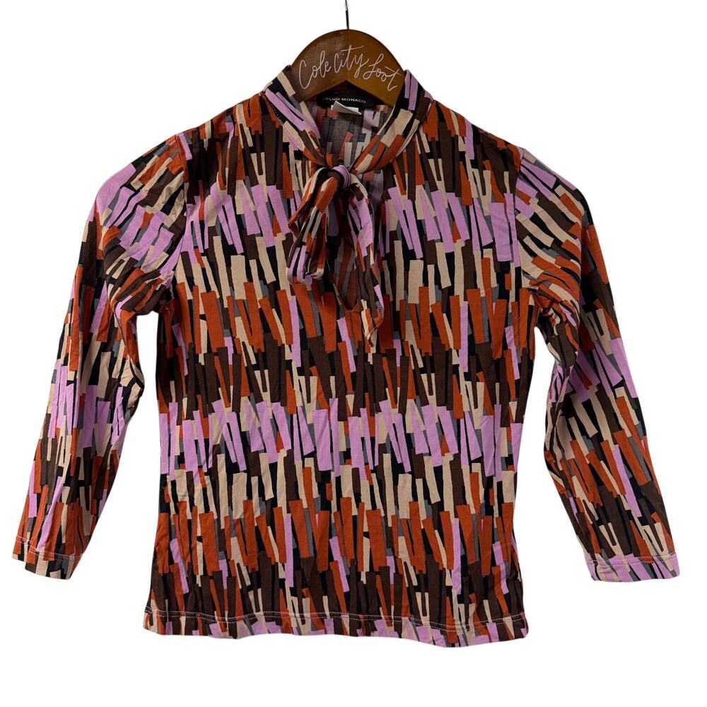 Club Monaco Fitted Tie Neck Top Print XS 3/4 Sleeve Purple